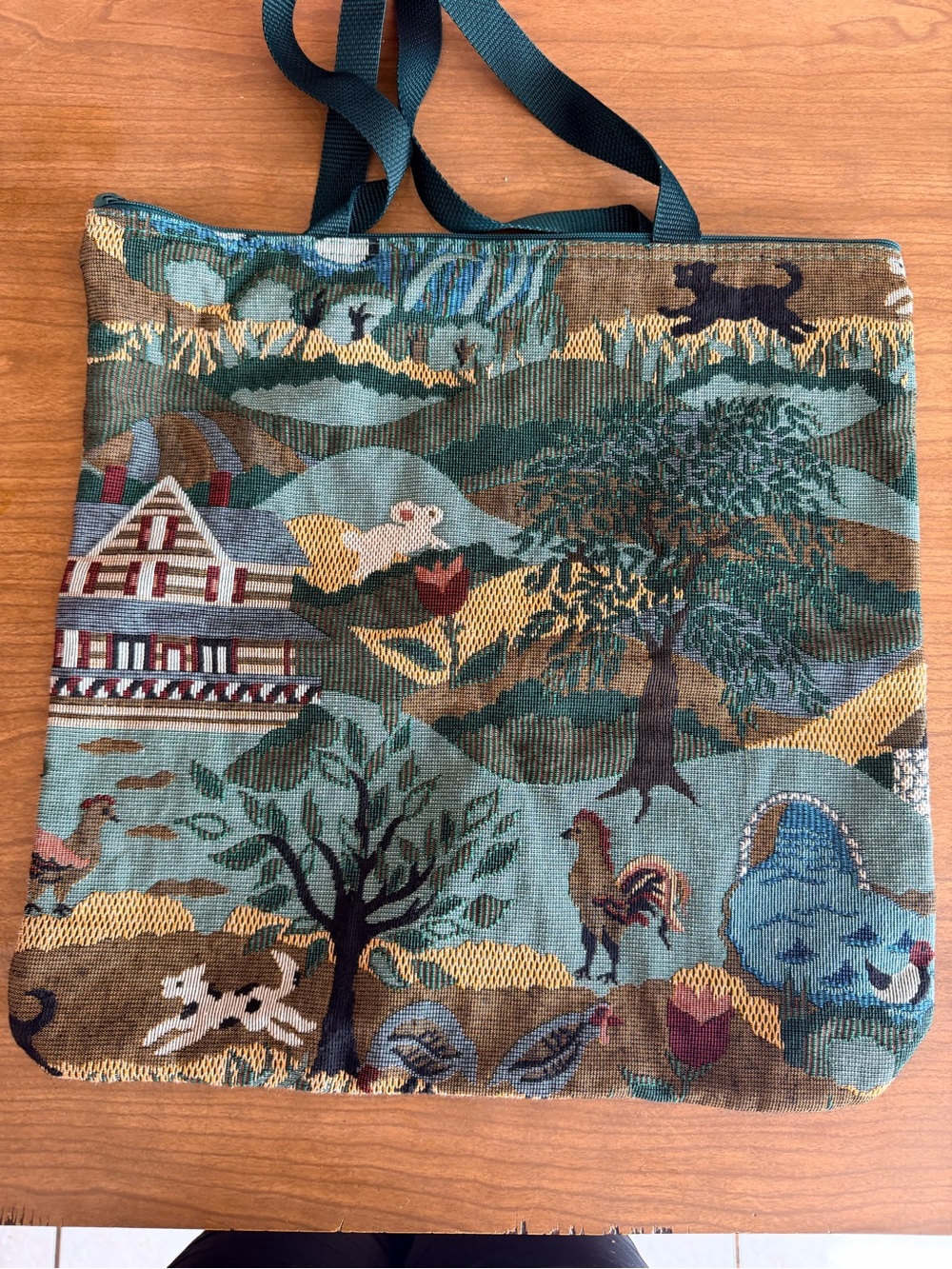 Tapestry Farm Scene Tote Bag in Multi-Green